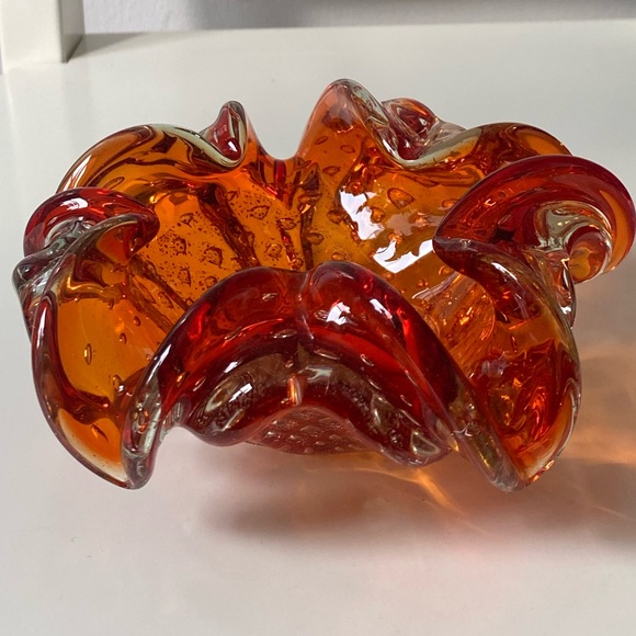 Vintage Barovier & Toso Orange Murano Glass Glass Bowl w/ silver leaf inclusions - Picture 9 of 13